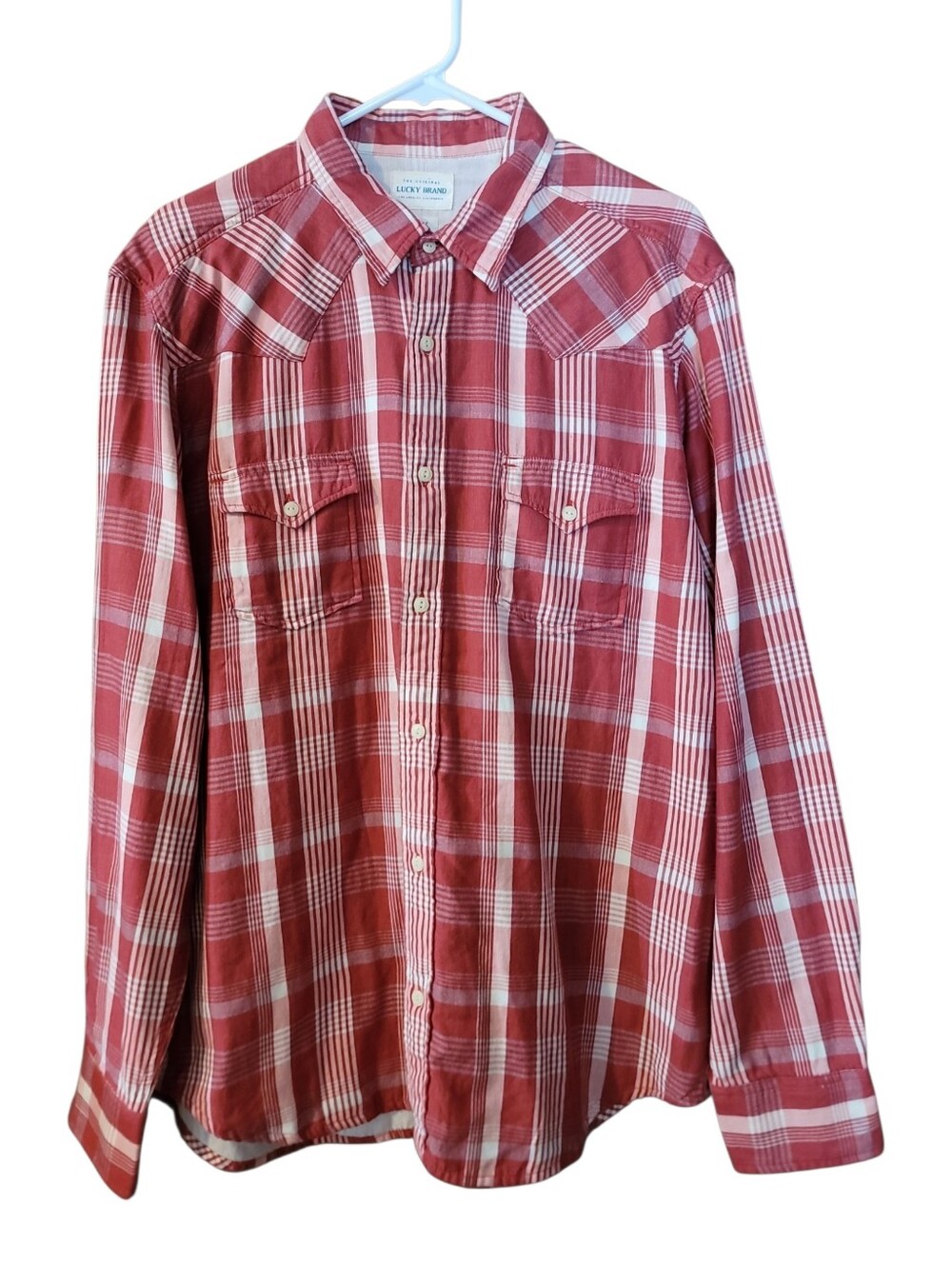 Lucky Brand Red and White Plaid Western Shirt Mens L